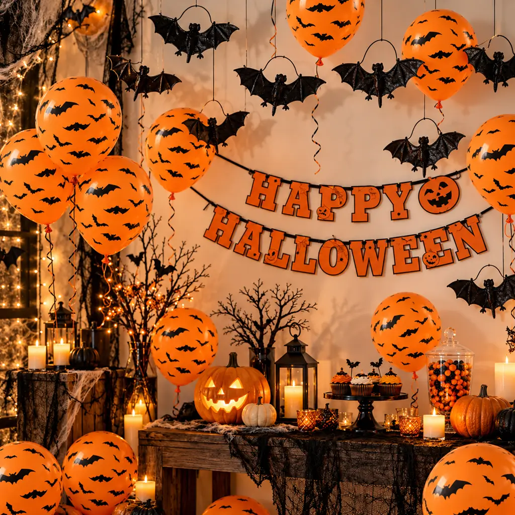 Set mit 50 Halloween-Luftballons mit Fledermausmotiv