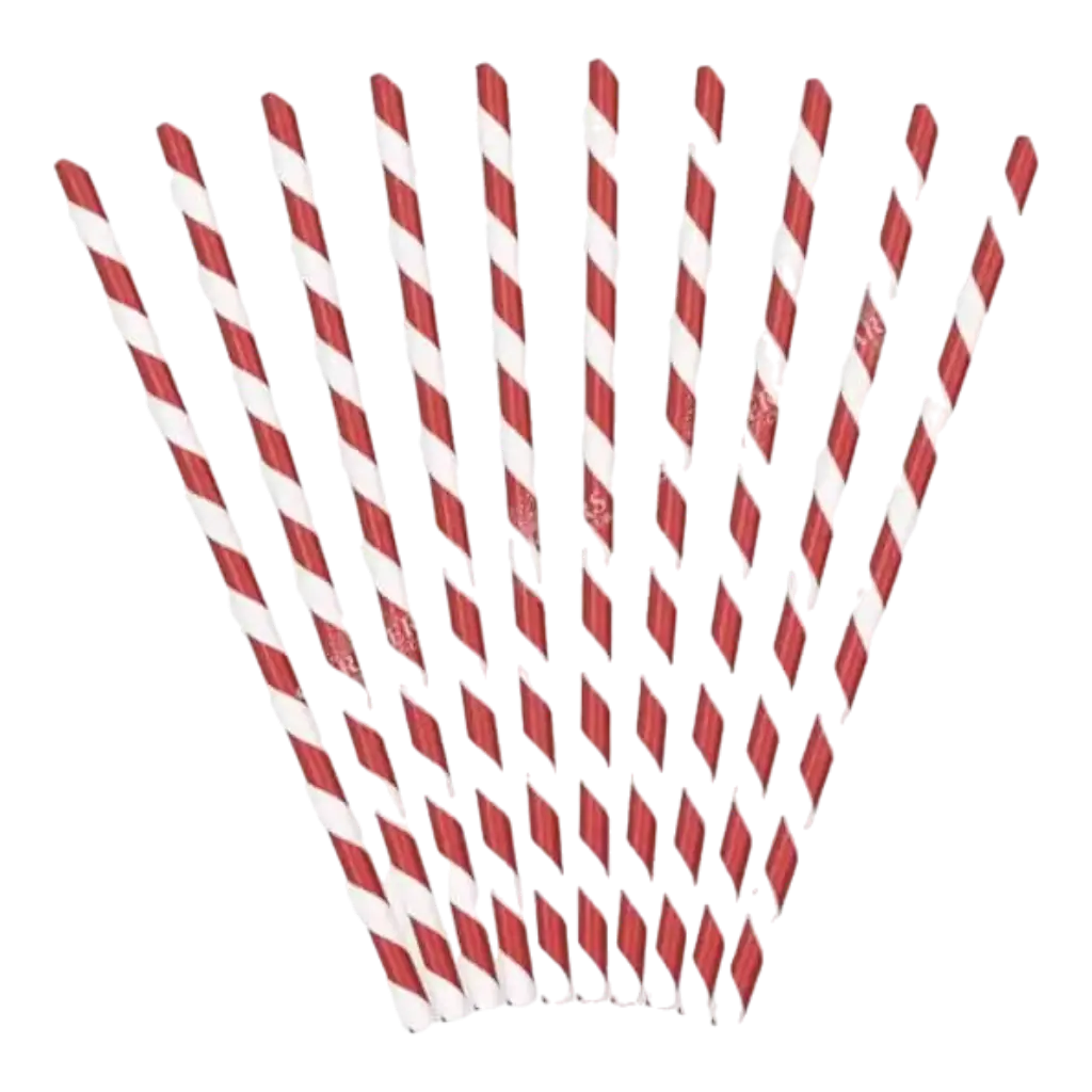 10 rote Papierstrohhalme mit weißen Streifen