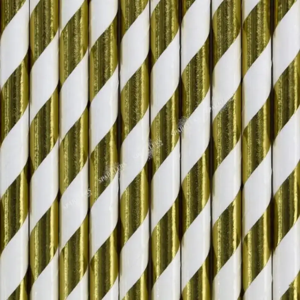 10 goldfarbene Papierstrohhalme mit weißen Streifen