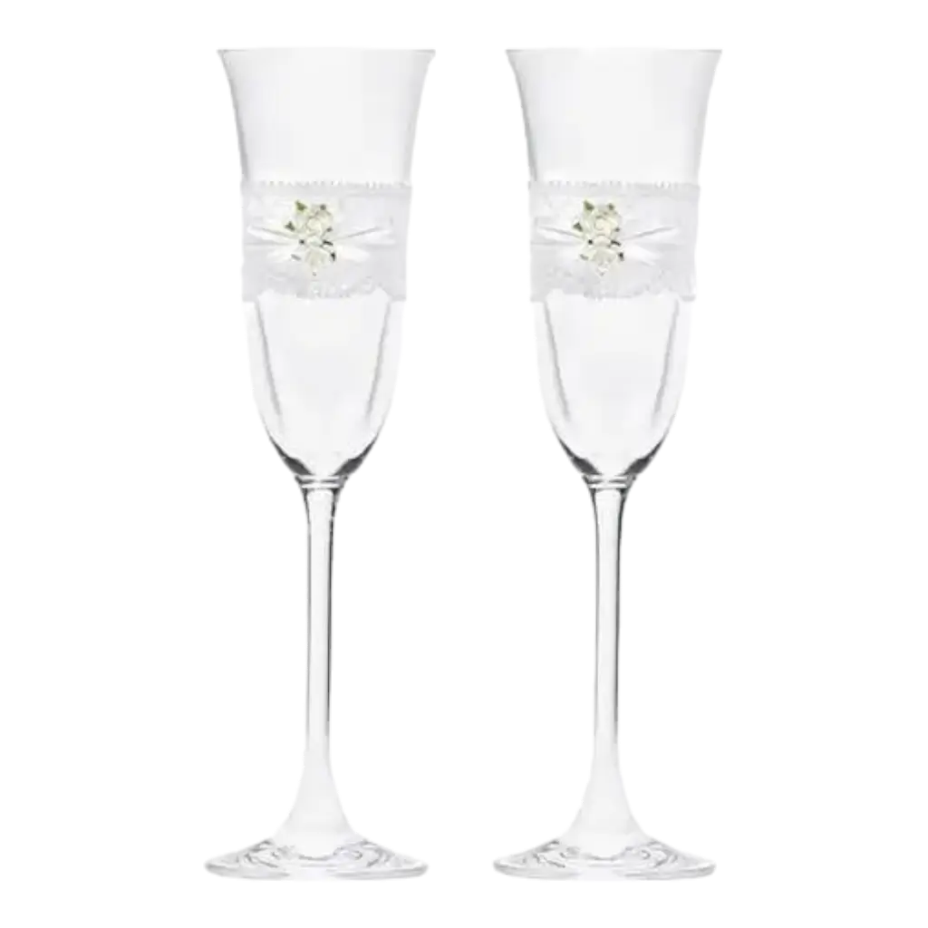 Set aus 2 Champagnergläsern mit Spitze und weißer Rose