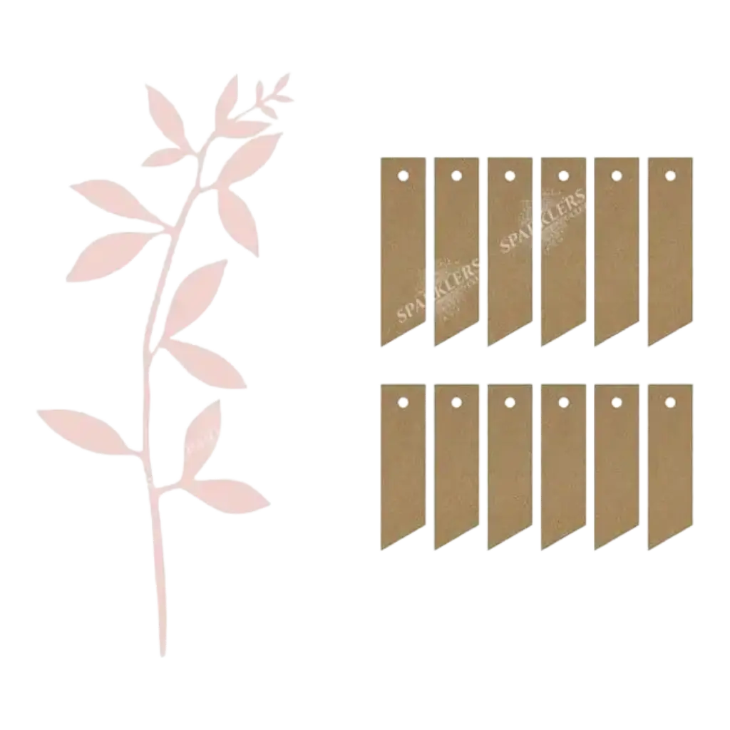 Zweig mit Blattdekoration, pulverrosa mit Etiketten