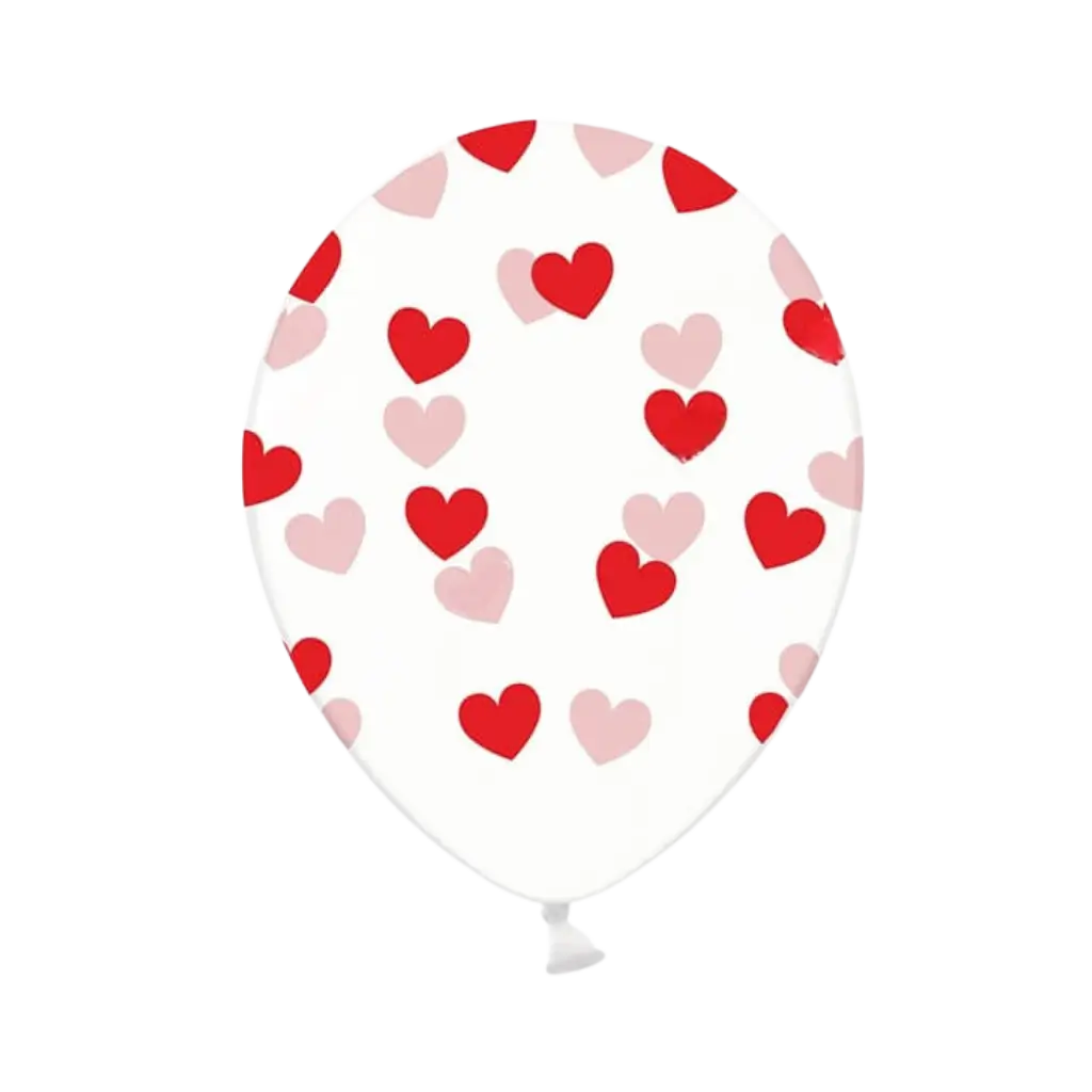 Packung mit 50 transparenten Luftballons mit roten und rosa Herzmotiven