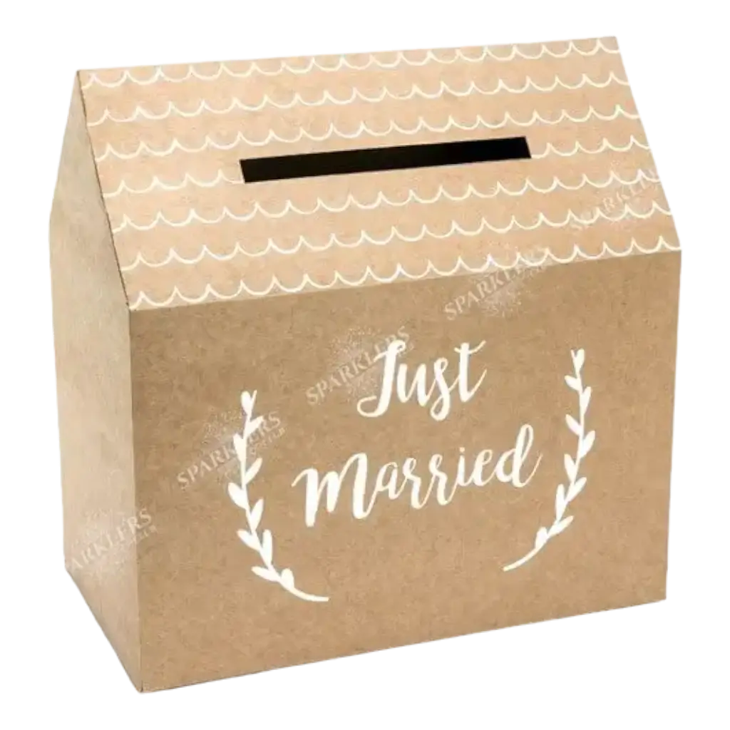 Urne aus Kraftpapier mit der Aufschrift "Just Married".