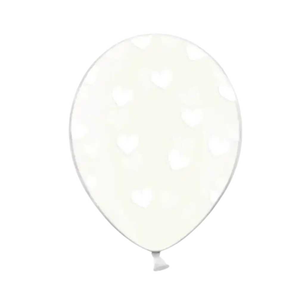 Packung mit 50 transparenten Luftballons mit weißem Herzmuster