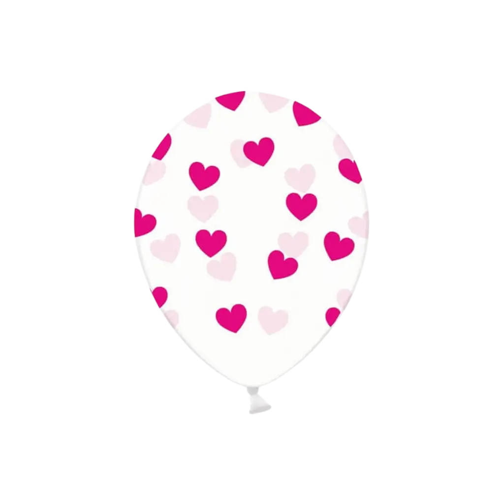 Packung mit 6 transparenten Luftballons mit fuchsiafarbenen Herzmotiven