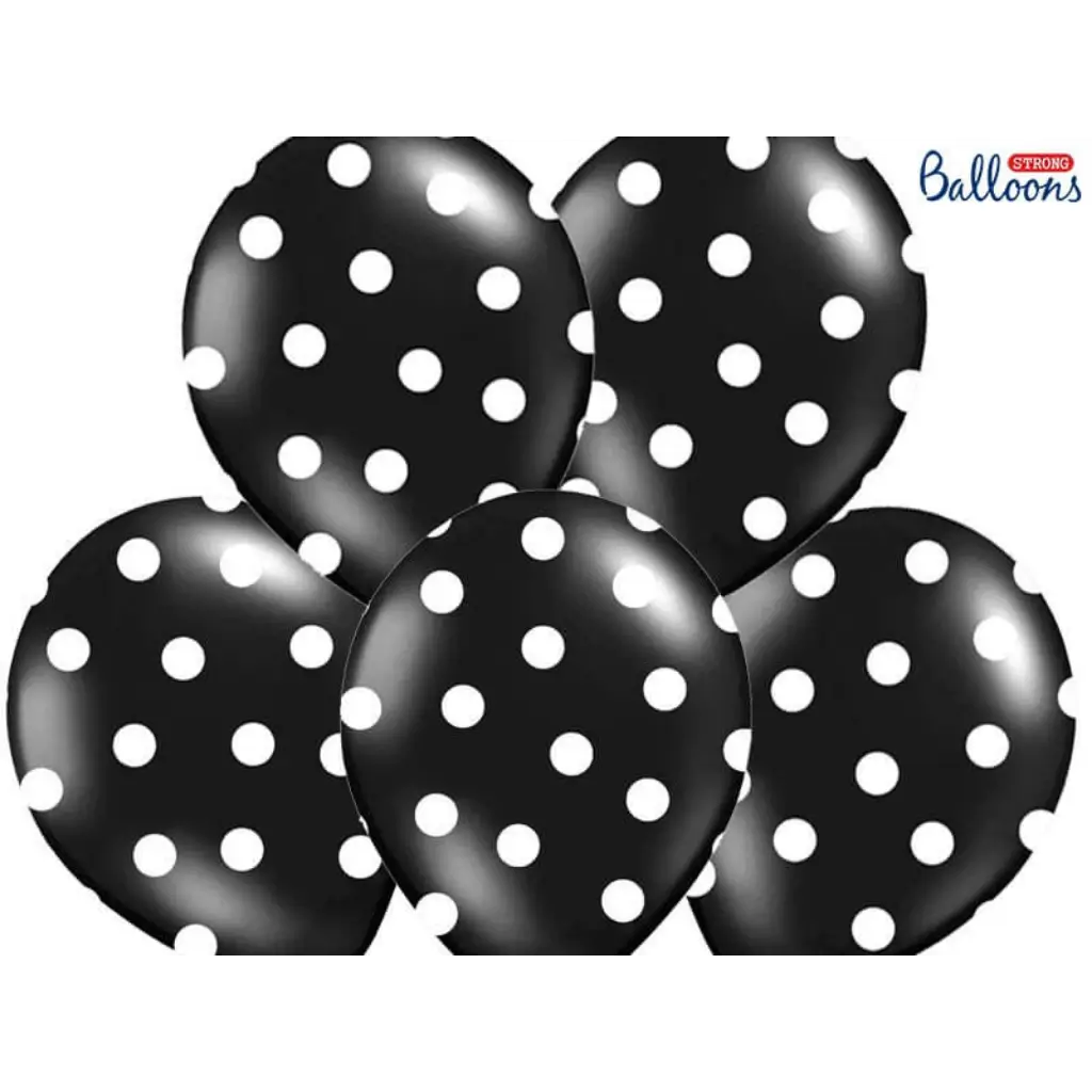 Packung mit 6 schwarzen Luftballons mit weißen runden Mustern
