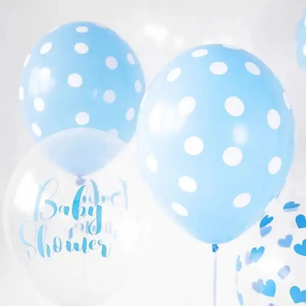 Packung mit 6 blauen Luftballons mit weißen runden Mustern