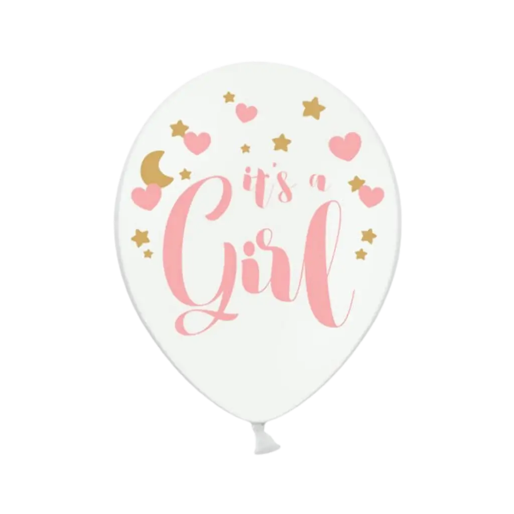 Packung mit 6 weißen Luftballons mit der Aufschrift "It's a Girl".