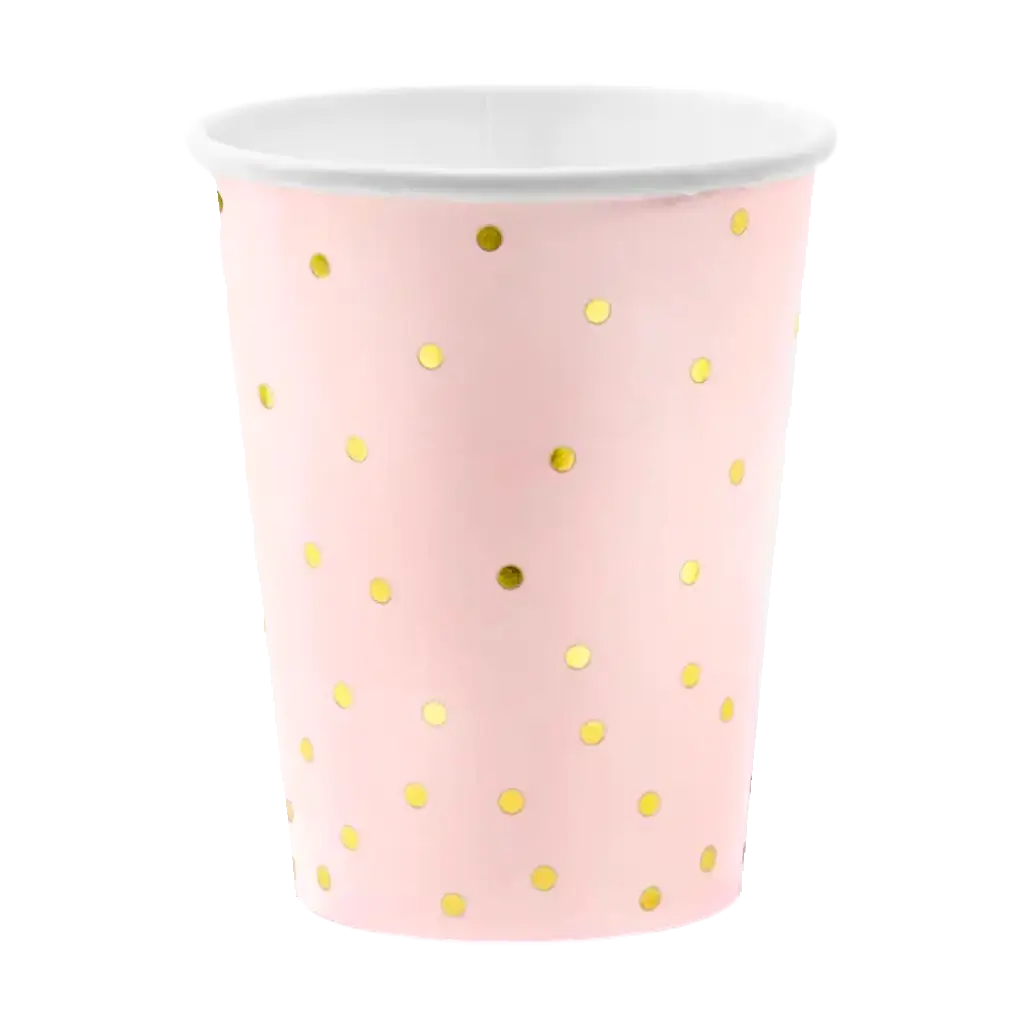 Satz von 6 rosa Papierbechern mit goldenem Punktmuster