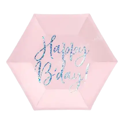 Rosa irisierender Pappteller Happy Birthday (6er-Satz)