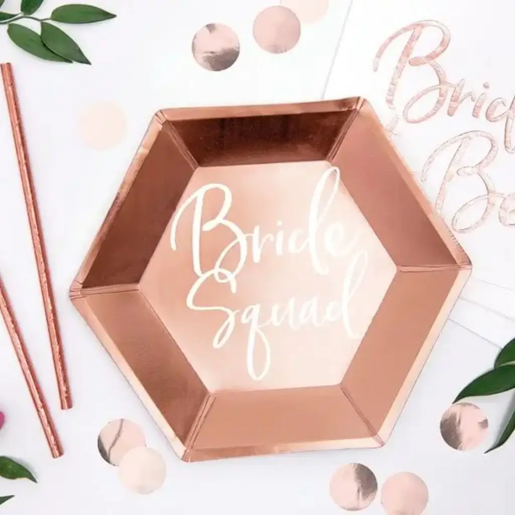 BRIDE SQUAD Rosa goldene Papierplatte (6er-Satz)