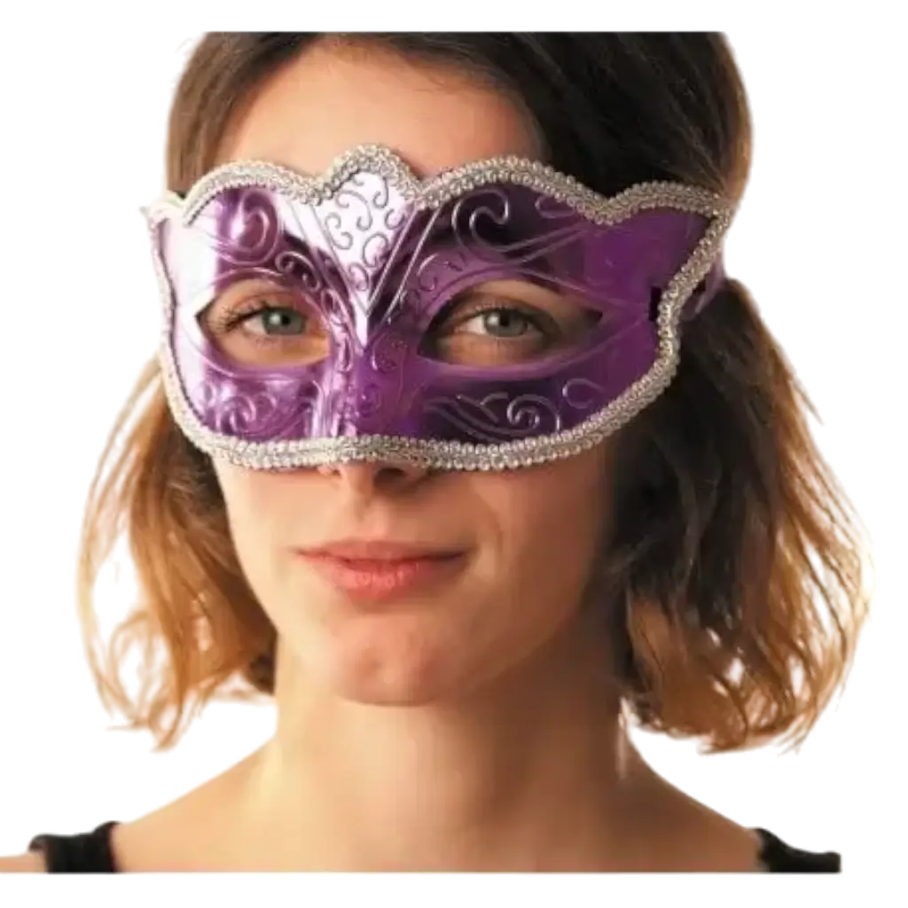 Venezianische violette Burleskenmaske mit Silberumrandung