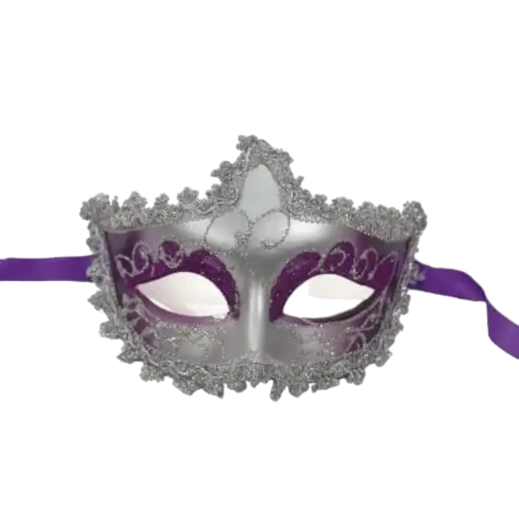 Venezianische violette Maske mit silbernem Umriss