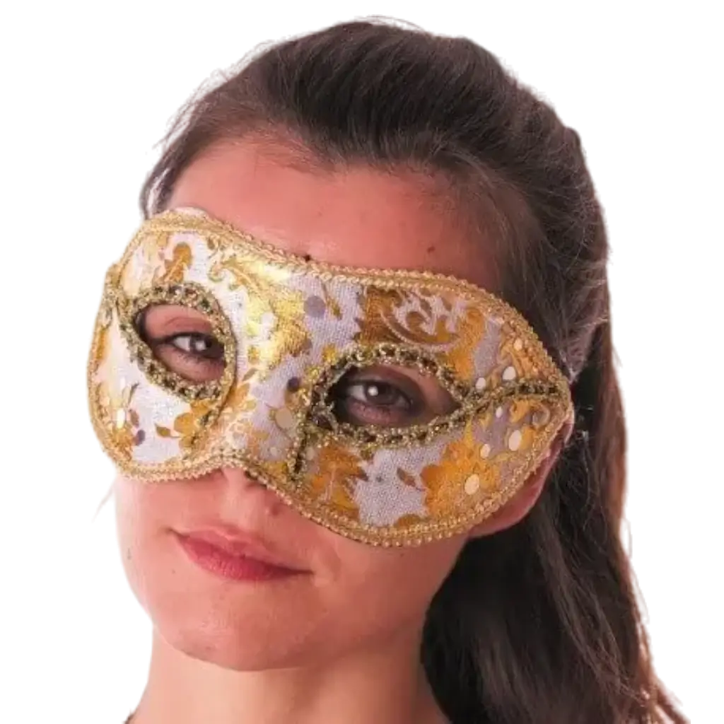 Weiße venezianische Maske mit goldener Inschrift