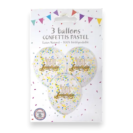Packung mit 3 Happy Birthday-Confettis-Pastell-Luftballons