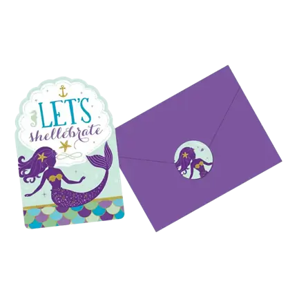 Einladung + Lass uns Meerjungfrau-Umschlag verhökern (8er-Set)