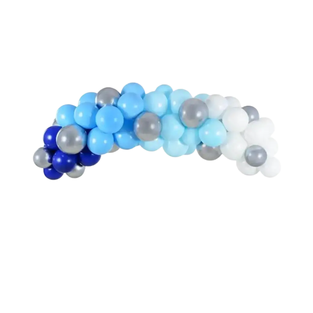 Halber Bogen aus Luftballons in Blau, Weiß und Silber