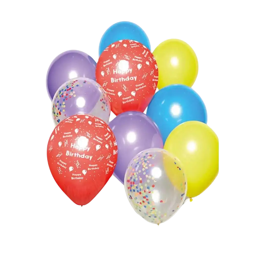 Blumenstrauß mit 10 mehrfarbigen Happy Birthday Ballons