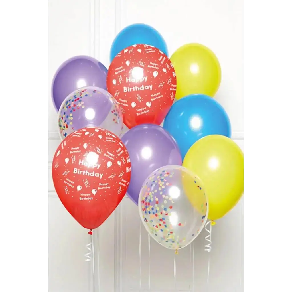Blumenstrauß mit 10 mehrfarbigen Happy Birthday Ballons