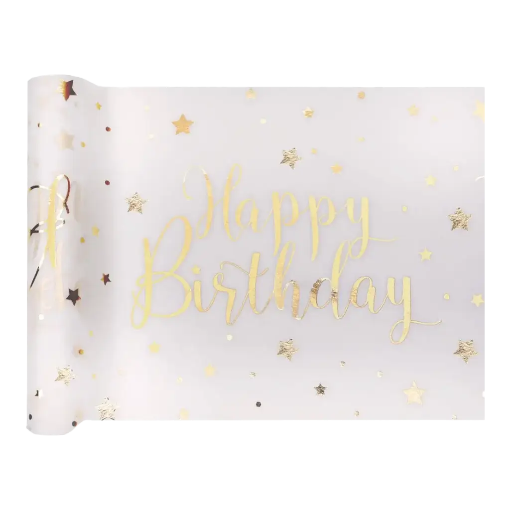 Tischläufer Happy Birthday Weiß/Gold 5 Meter