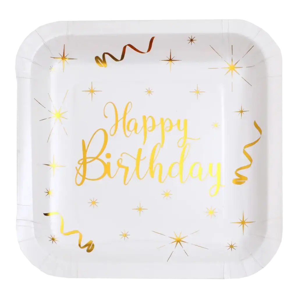 Happy Birthday Quadratischer Teller Gold/Weiß (10er Set)