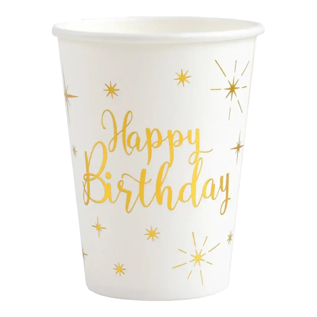 Weißer Happy Birthday Gold Becher (10er Set)