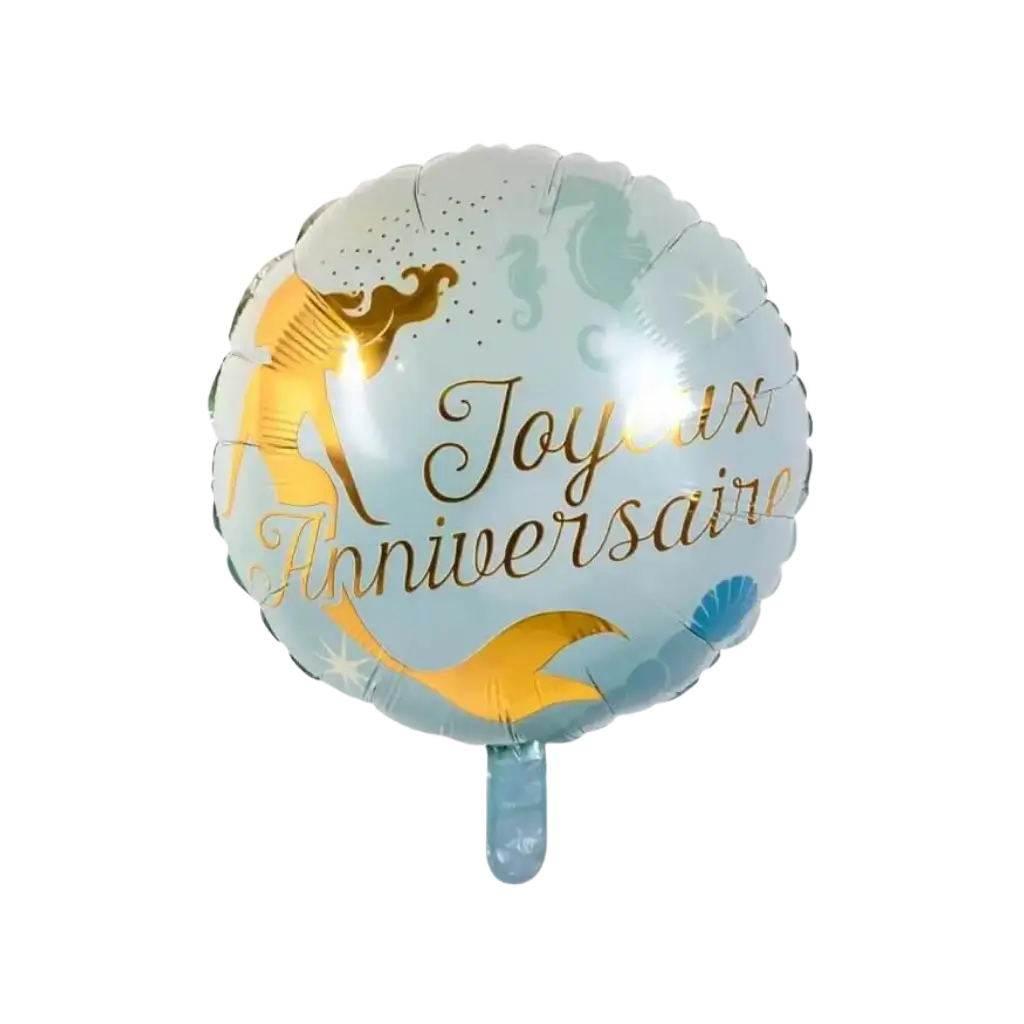 Aluminiumballon Sirene "Joyeux Anniversaire" blau und gold