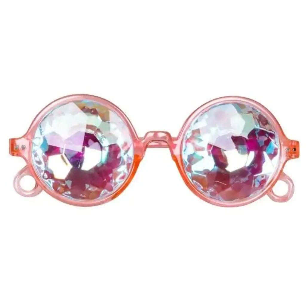 Runde und rosa Brille mit holographischen Linsen