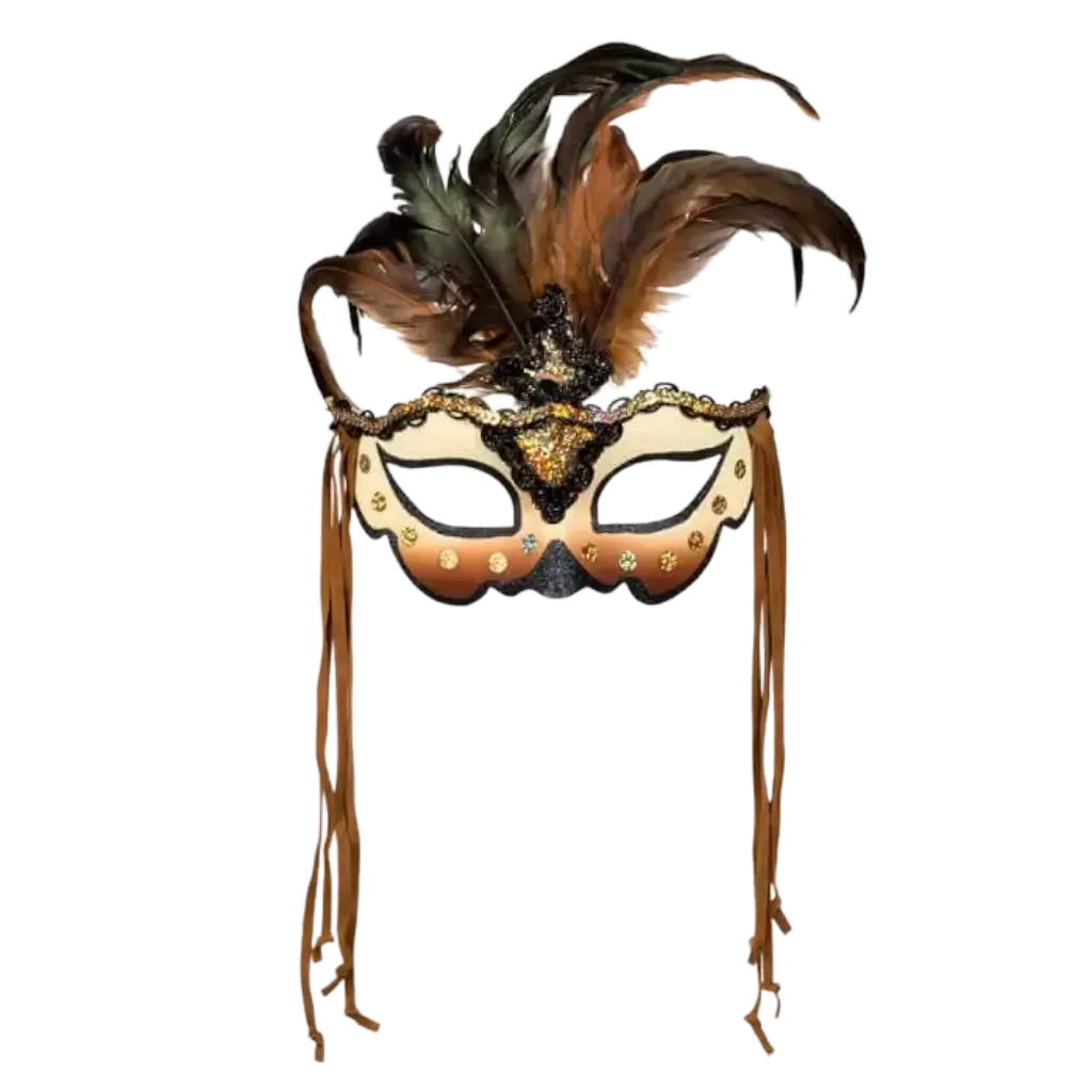 Venezianische Maske mit beigefarbenen und braunen Federn und Kordeln