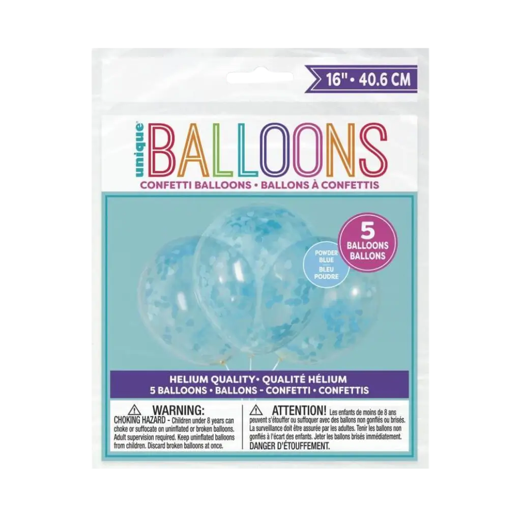 40cm Luftballons mit blauem Herz Konfetti - 5er Set