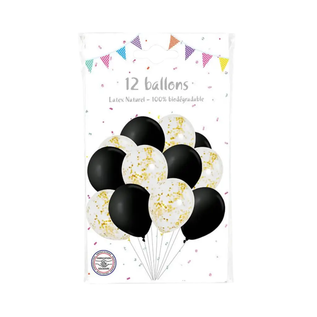 Set mit 6 Konfetti-Luftballons aus Gold und 6 schwarzen Luftballons - 30cm