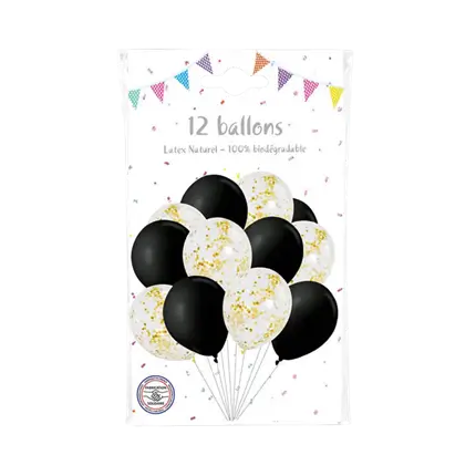Set mit 6 Konfetti-Luftballons aus Gold und 6 schwarzen Luftballons - 30cm