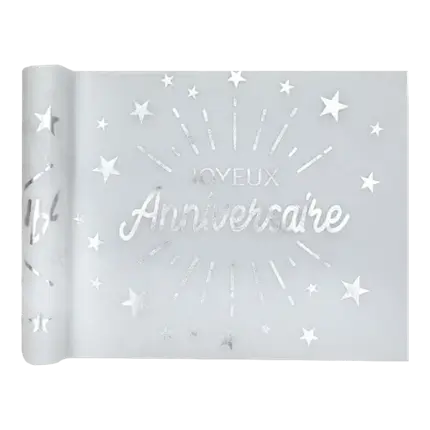 Happy Birthday Silber Tischläufer - 5 Meter