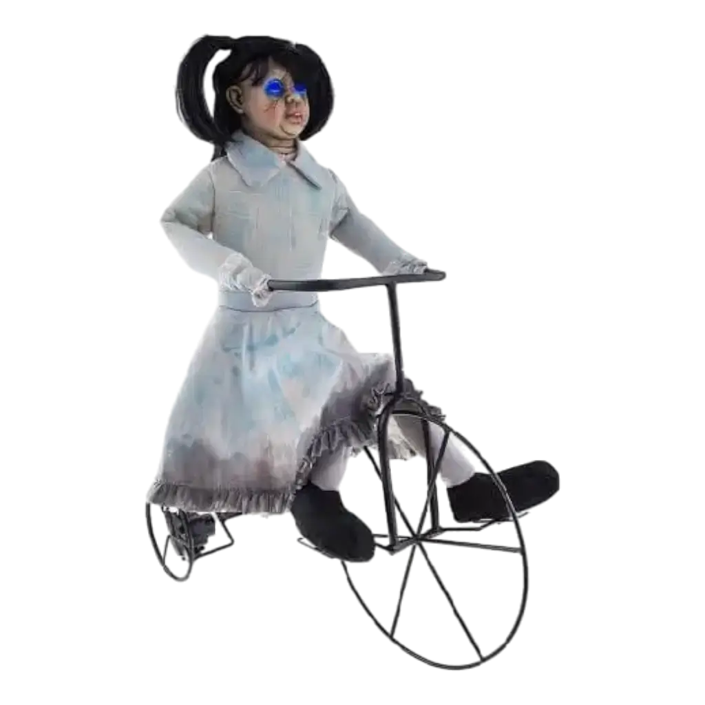 Kleines Zombiemädchen auf lautem und motorisiertem leuchtendem Fahrrad 85cm