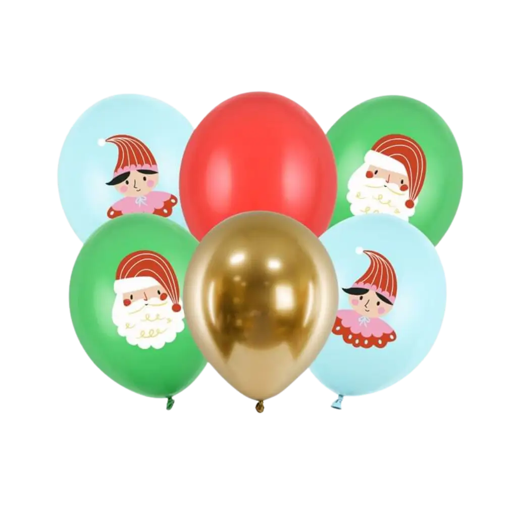 Set mit 6 bedruckten Weihnachtsballons - Rot/Grün/Blau/Gold - 30 cm