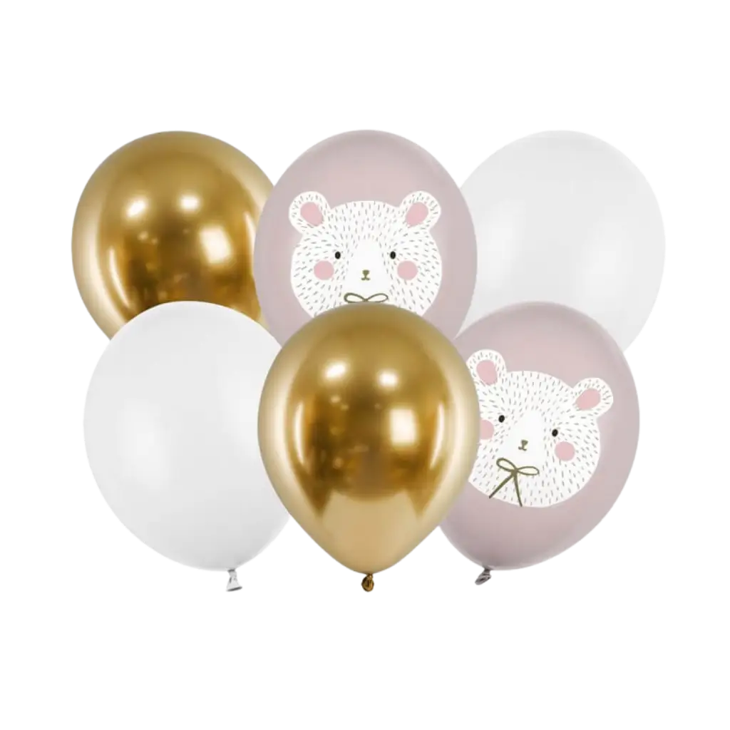 Set mit 6 Weihnachtsballons mit Bärendruck – Pink/Weiß/Gold – 30 cm