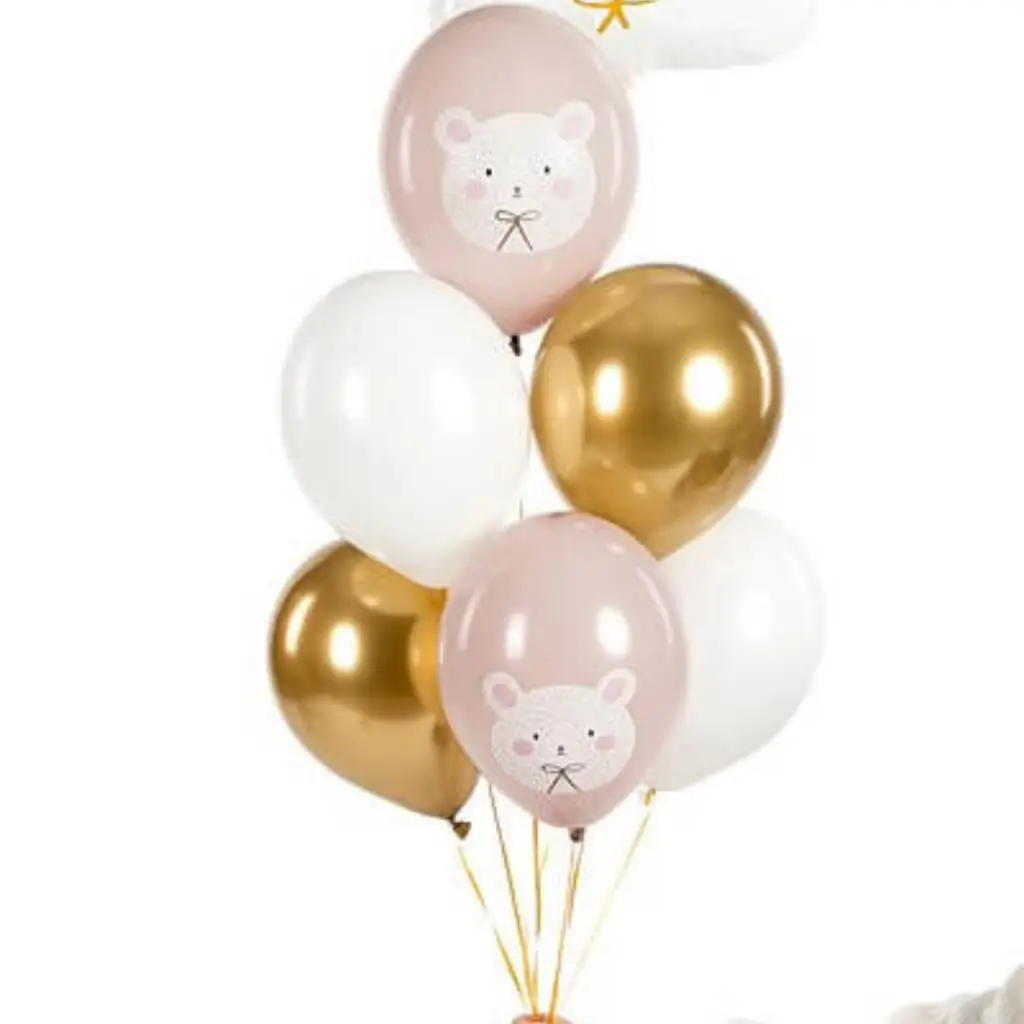 Set mit 6 Weihnachtsballons mit Bärendruck – Pink/Weiß/Gold – 30 cm