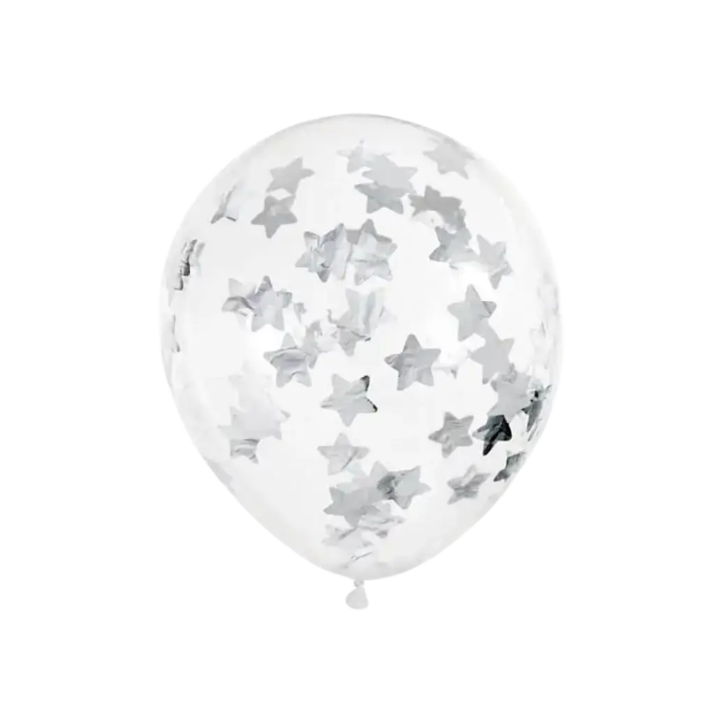 Set mit 6 transparenten Konfetti-Luftballons - Silberner Stern - 30 cm