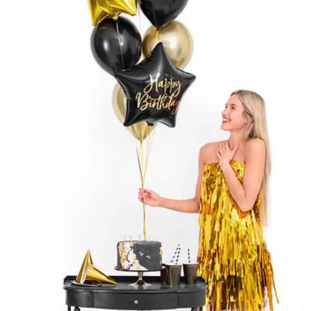 Ballon Mylar Étoile - Happy Birthday - Noir & Or 40cm