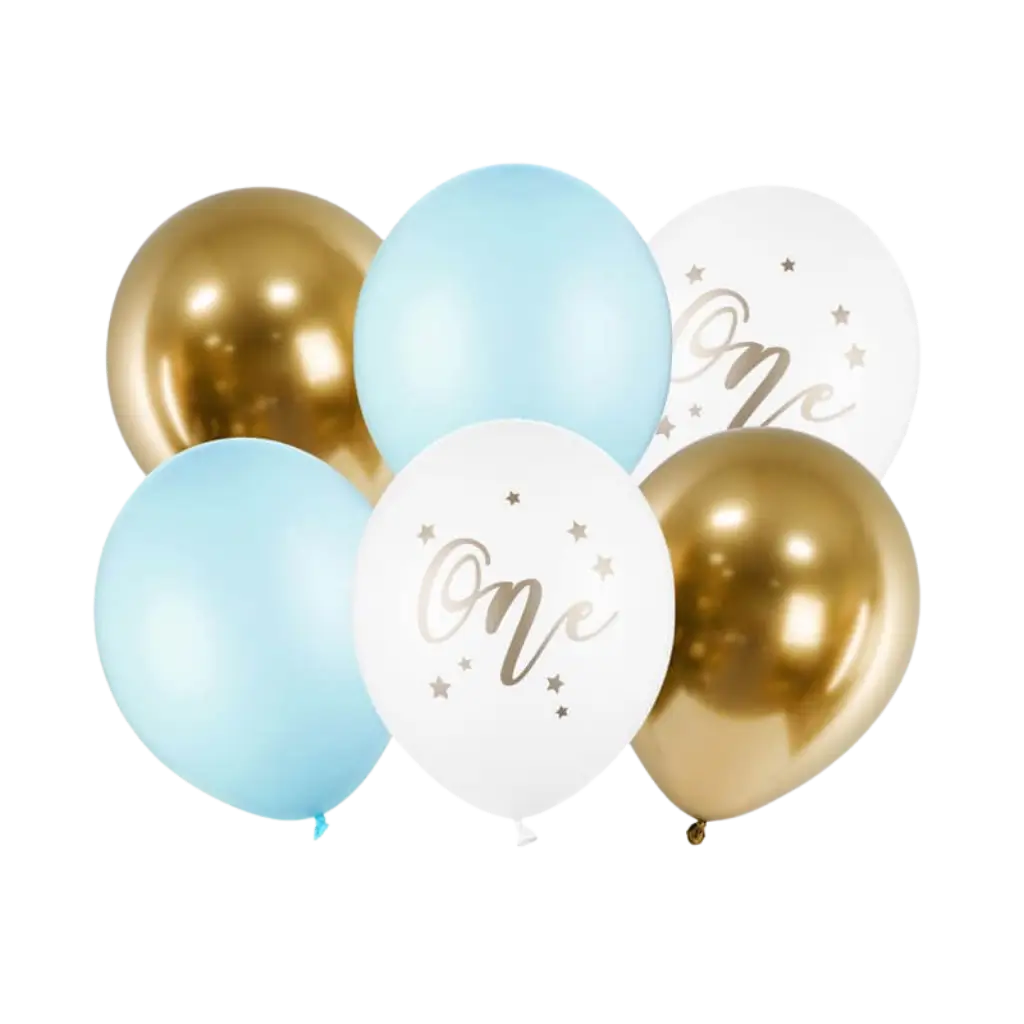 Set mit 6 Luftballons zum 1. Geburtstag – Blau/Weiß/Gold – 30 cm