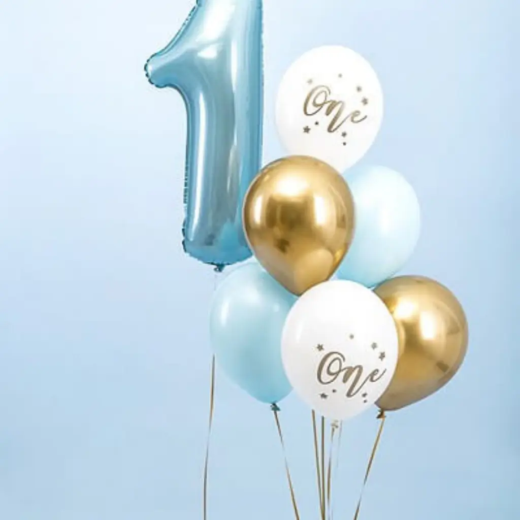 Set mit 6 Luftballons zum 1. Geburtstag – Blau/Weiß/Gold – 30 cm