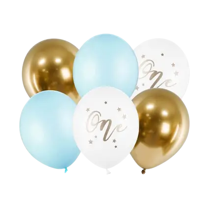Set mit 6 Luftballons zum 1. Geburtstag – Blau/Weiß/Gold – 30 cm