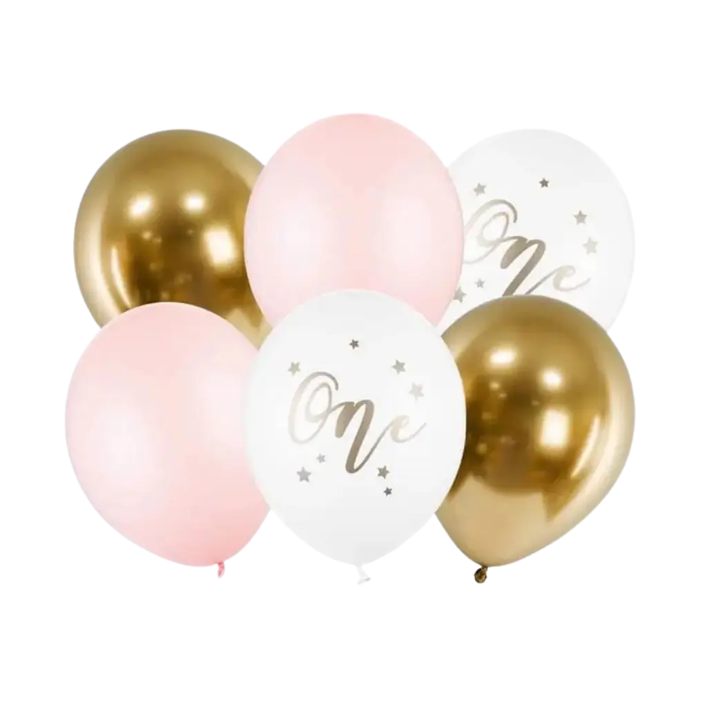 Set mit 6 Luftballons zum 1. Geburtstag – Pink/Weiß/Gold – 30 cm