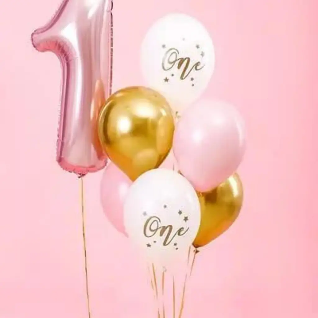 Set mit 6 Luftballons zum 1. Geburtstag – Pink/Weiß/Gold – 30 cm