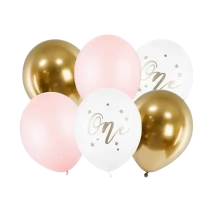 Set mit 6 Luftballons zum 1. Geburtstag – Pink/Weiß/Gold – 30 cm