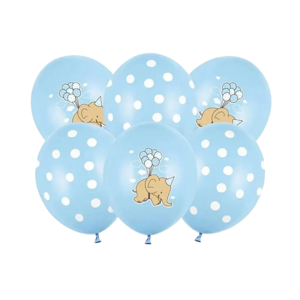 Set mit 6 blauen Luftballons – weiße Punkte/Elefant – 30 cm