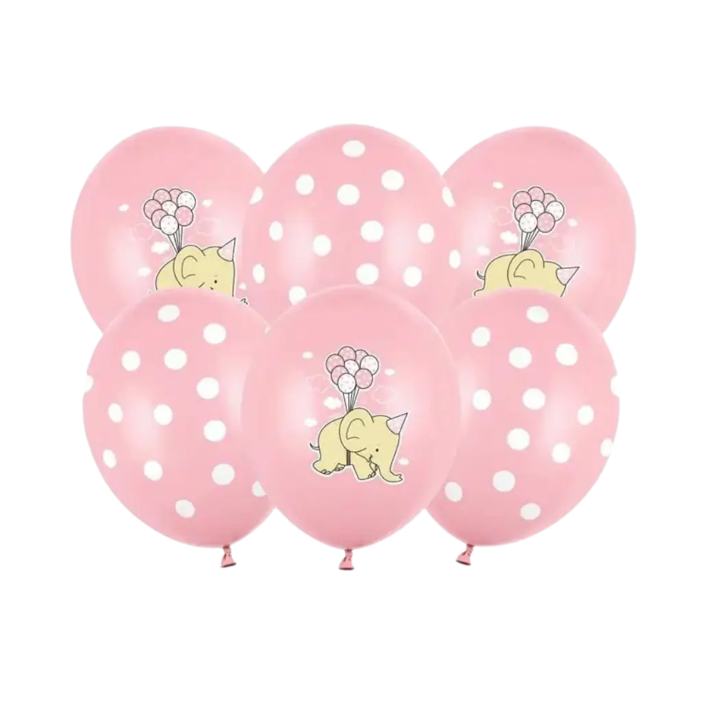 Set mit 6 Luftballons in Pastellrosa – Weiße Punkte/Elefant – 30 cm