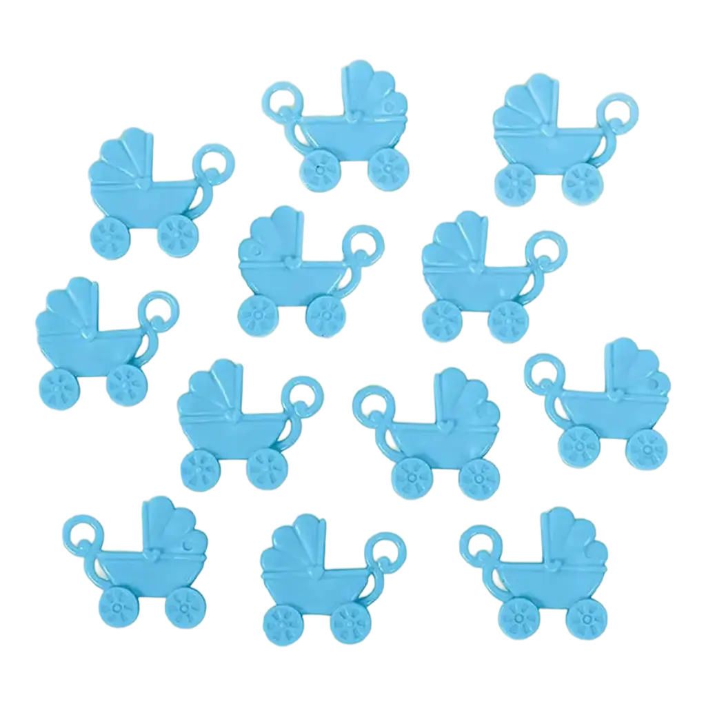 12 blaue Plastikkinderwagen 4x3,5cm