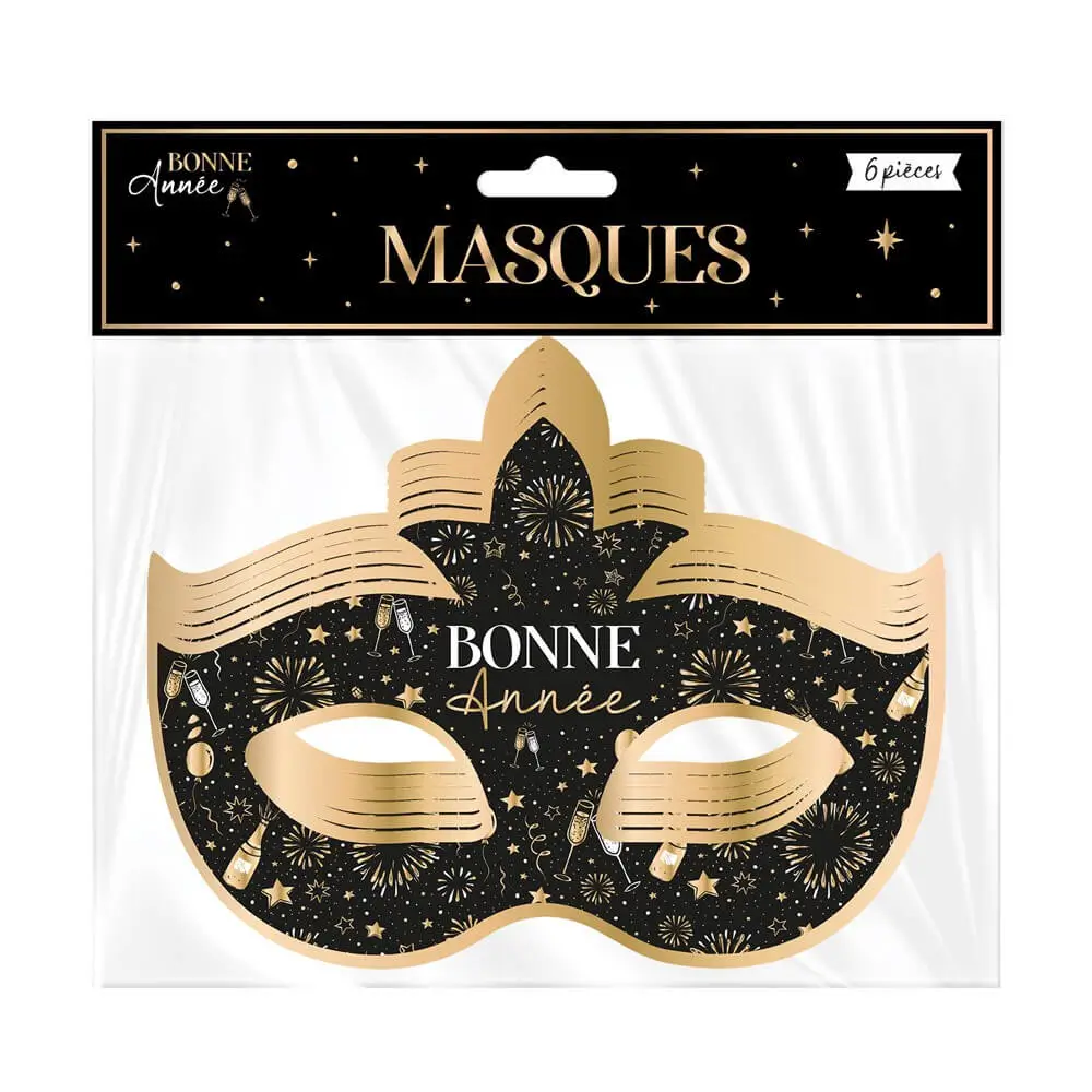 Venezianische Maske "Gutes Neues Jahr" Schwarz und Gold - 6er-Set