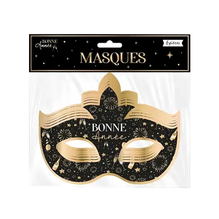 Venezianische Maske Gutes Neues Jahr Schwarz und Gold - 6er-Set